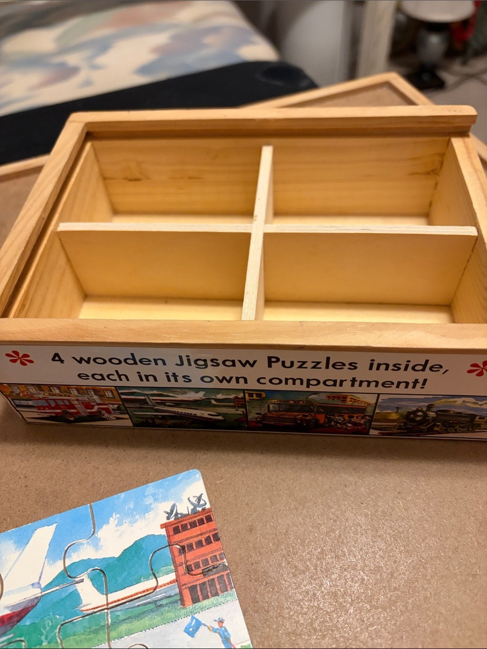 4-Compartment Jigsaw Puzzle Set - Natural Wood. Train, airplane, bus, fire truck